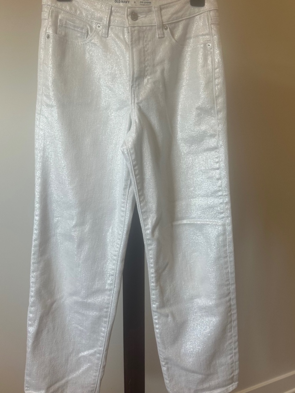 Old Navy White Metallic Women’s Sz 0 HiRise OG Loose Fit Jeans